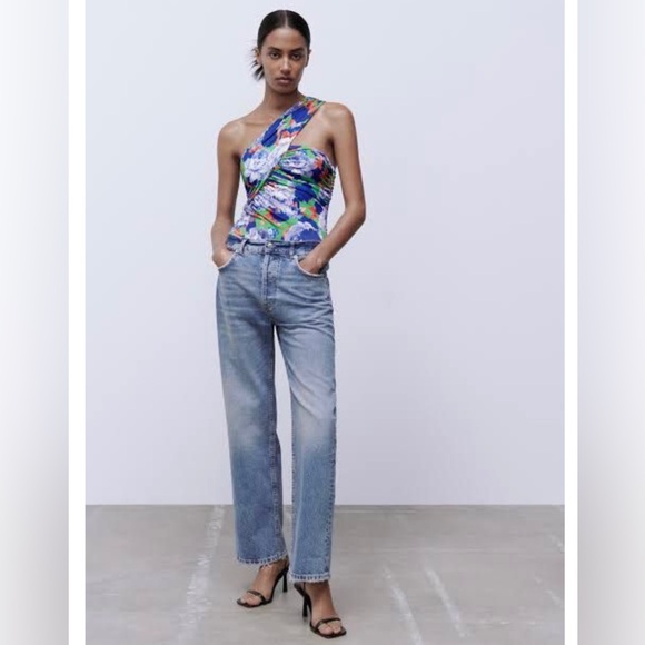 Zara Asymmetric Neckline Ruched Floral Bodysuit Blogger Fave Bold Vibrant Small - Picture 2 of 16